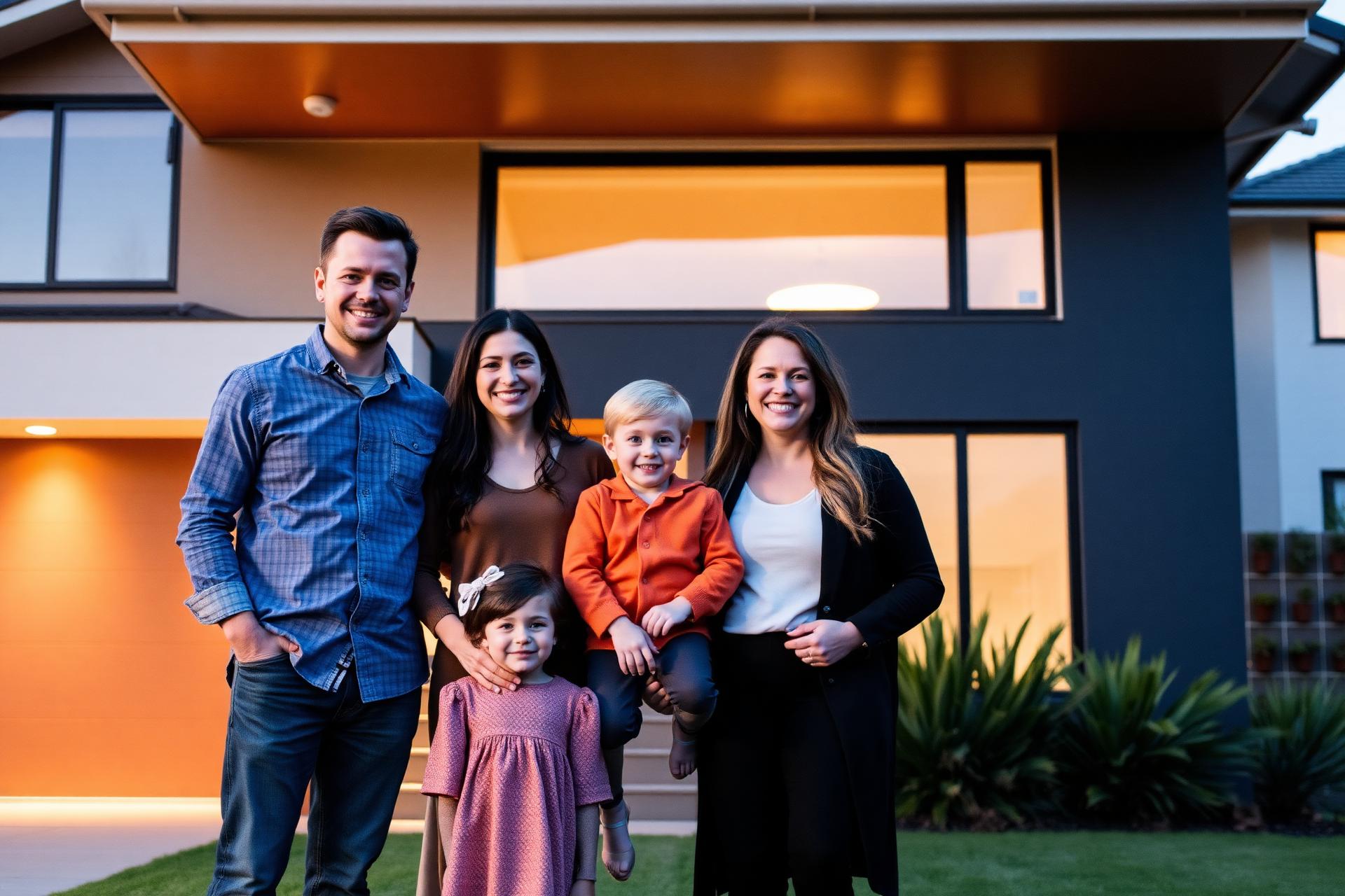 Australian family in front of their new home